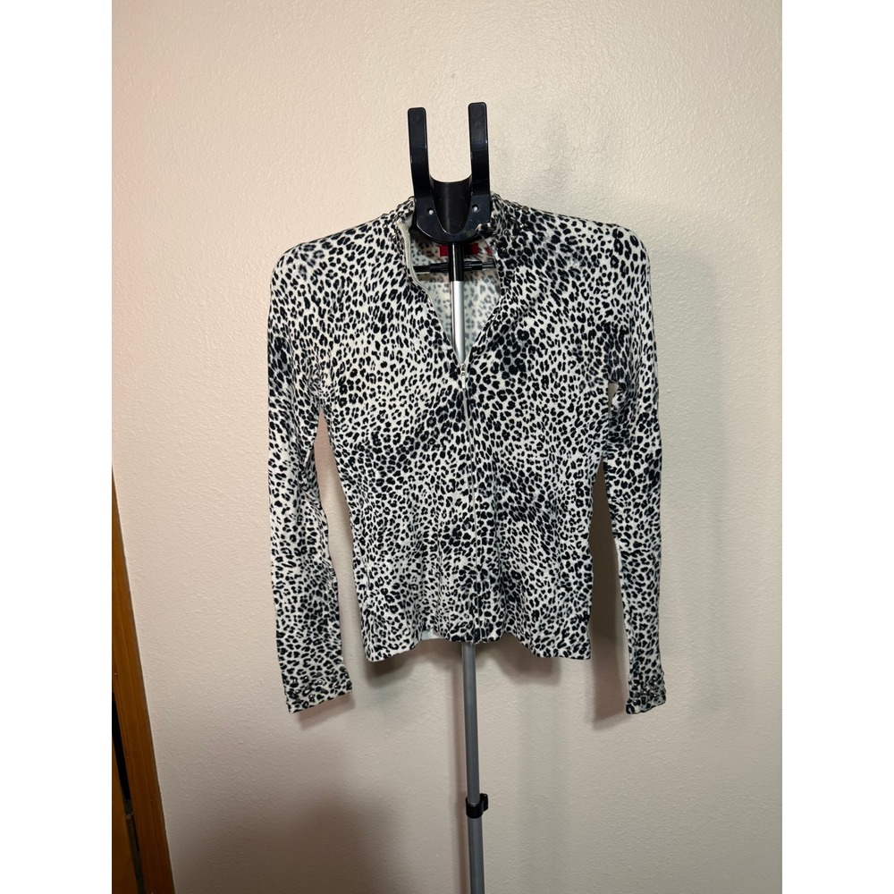 Venini Womens Leopard Print Studded Zip Up Cardigan Sweater White Black Medium